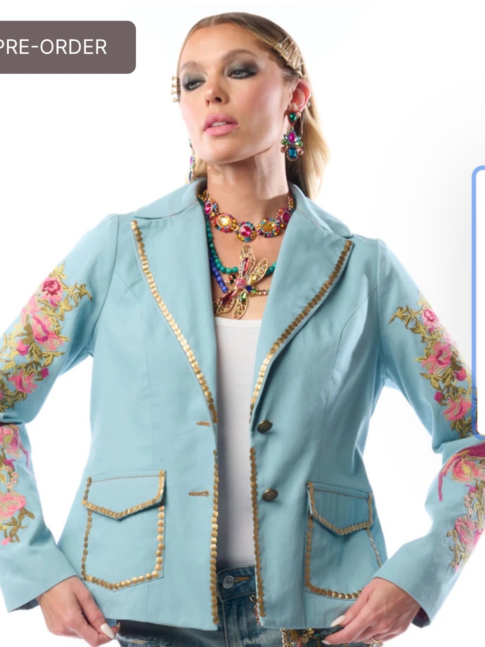 Aratta Light Blue Embroidered Blazer with Gold Trim/ time to shine blazer